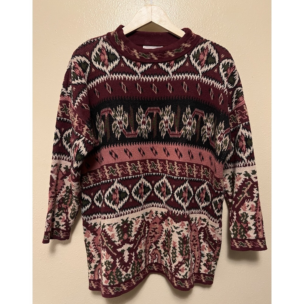 Vtg 80s/90s Express Tricot Sweater Floral Patchwork Cottage Chunky Pink Womens M